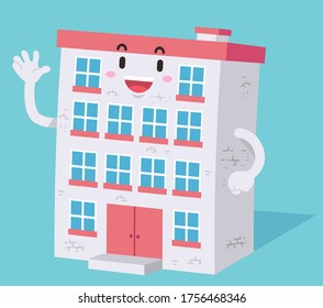 Illustration of a School Dorm Building Mascot Waving
