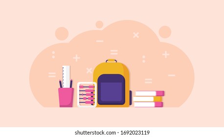 illustration of school equipment elements. bags or backpacks, abacus, pencils, rulers, books. flat design. Can be used for landing pages, templates, UI, web.