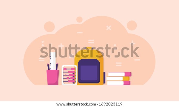 illustration of school equipment\
elements. bags or backpacks, abacus, pencils, rulers, books. flat\
design. Can be used for landing pages, templates, UI,\
web.