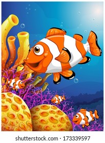 Illustration of a school of fish near the beautiful coral reefs on a white background