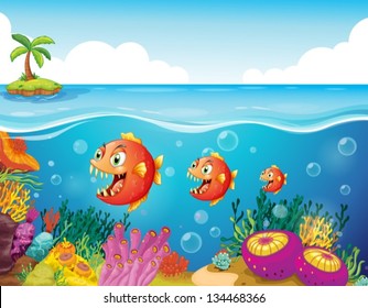 Illustration of a school of fish near the coral reefs