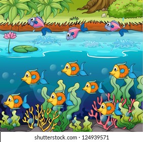 Illustration of a school of fish in the river