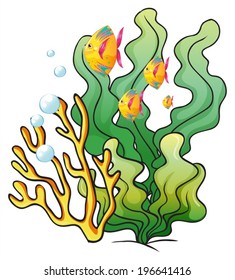 Illustration of a school of fishes near the seaweeds on a white background