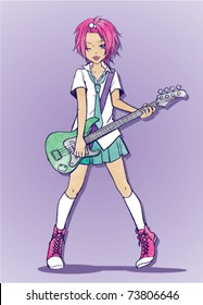 illustration of a school girl carrying her bass guitar