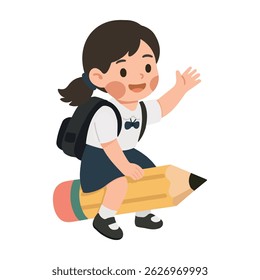 Illustration of School Girl Riding Pencil cartoon