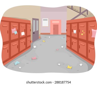 Illustration of a School Hallway with Trash Strewn All Around