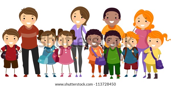学校の子どもたちが親と一列に並ぶイラスト のベクター画像素材 ロイヤリティフリー