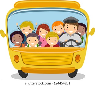 Illustration of School Kids Riding a School Bus