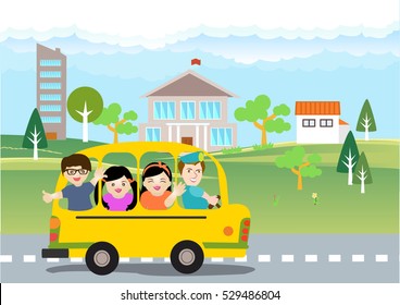 Illustration of School Kids Riding a School bus.Back to School.