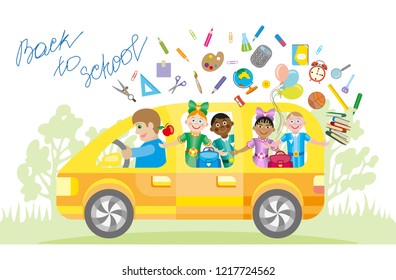 Illustration of School Kids Riding a Schoolbus