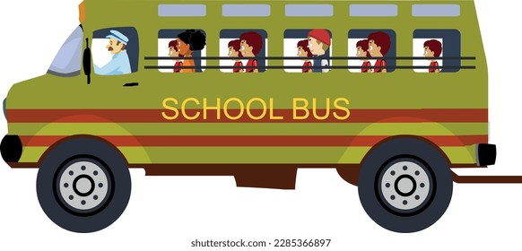 Illustration of school kids riding yellow schoolbus transportation education