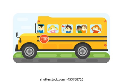 Illustration of school kids riding yellow schoolbus transportation education