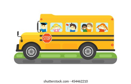 Illustration of school kids riding yellow schoolbus transportation education