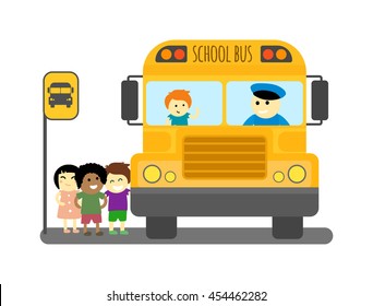 Illustration of school kids riding yellow schoolbus transportation education