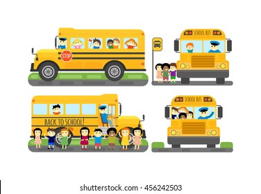 Illustration of school kids riding yellow schoolbus transportation education