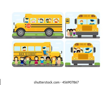 Illustration of school kids riding yellow schoolbus transportation education