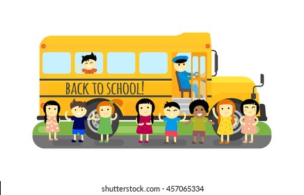 Illustration of school kids riding yellow schoolbus transportation education