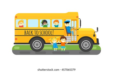 Illustration of school kids riding yellow schoolbus transportation education
