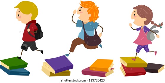 Illustration of School Kids Using Piles of Books as Stepping Stones