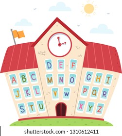 Illustration of a School with the Letters of the Alphabet in its Windows