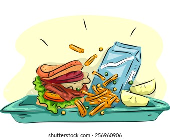 Illustration of a School Lunch Composed of a Burger, Fries, Fruits, and a Carton of Milk