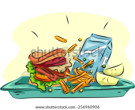 Illustration of a School Lunch Composed of a Burger, Fries, Fruits, and a Carton of Milk