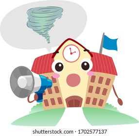 Illustration Of A School Mascot Holding A Megaphone And Holding A Tornado Drill