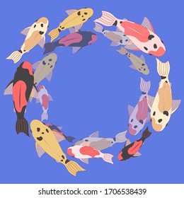 illustration with a school of multi-colored koi carps on blue background. fish swim in a circle. modern abstract design