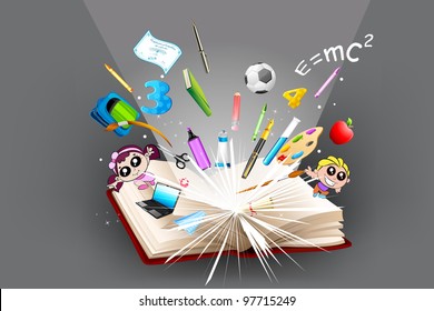 illustration of school object popping out from open book