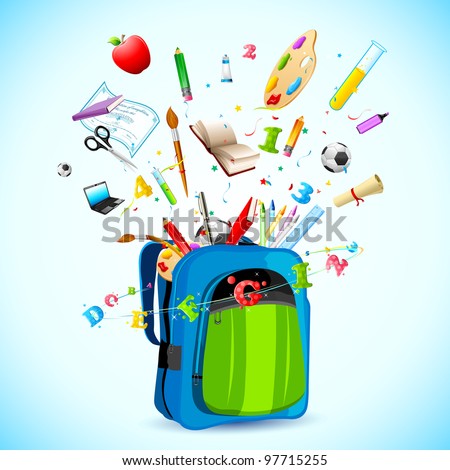 illustration of school object popping out from school bag