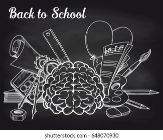 Illustration of the school objects and brain on the chalkboard. Vector illustration
