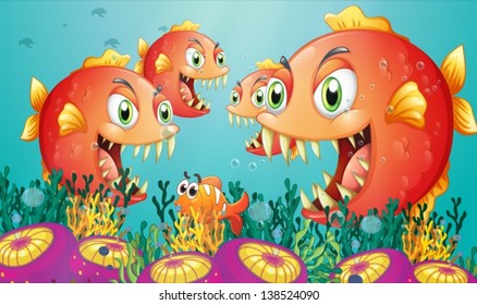 Illustration of a school of piranha under the sea