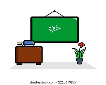 illustration of a school room, in which there are tables, chairs, books, blackboards, and flower pots.