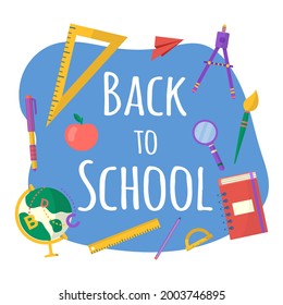 Illustration with school stationery for banner, poster. Back to school concept