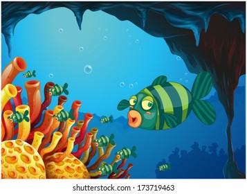 Illustration of a school of stripe-colored fishes under the sea