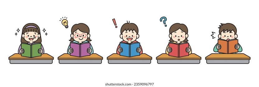 Illustration of school students reading books with several emotions