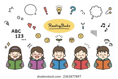 Illustration of school students reading books with emotional icons