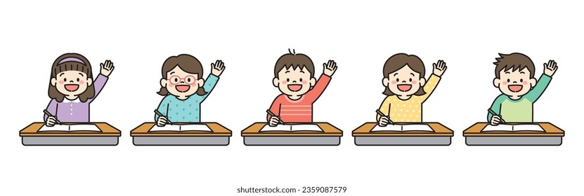 Illustration of school students 
studying and raising their hands in a classroom