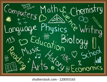 Illustration of school subjects and doodles drawn on chalkboard