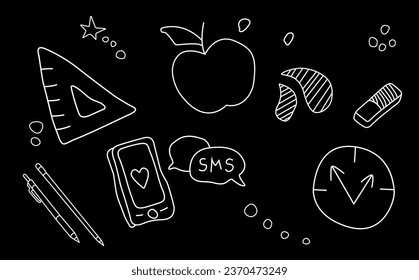 Illustration of school subjects on a black background. Graphic vector. School subjects: mobile phone, ruler, apple, pen on a black background. EPS 10
