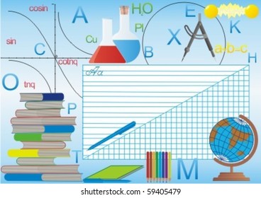 Illustration of school subjects representing school subjects and supplies