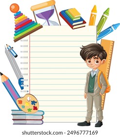 Illustration of school supplies and a student