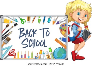 Illustration of school supplies and a student