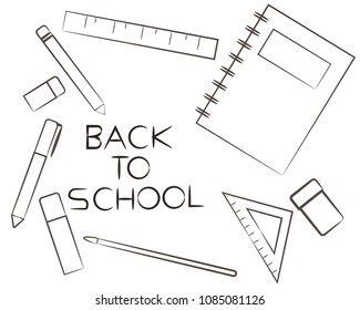 Illustration of school supplies. Vector of icon with brown line draw. Back to school letter on white background.