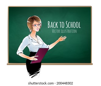 Illustration of school teacher standing next to blackboard. Vector EPS 10.