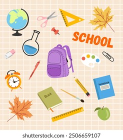 Illustration of school things on a light brown background.