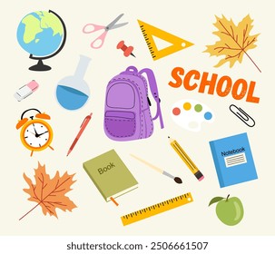 Illustration of school things on a light yellow background.