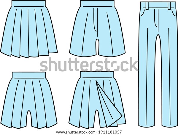 Illustration of school uniform\
bottoms that Japanese junior high school and high school girls can\
choose (skirt, culottes, pants and explanatory drawings of wrap\
culottes)