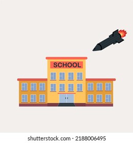 Ilustración de una escuela en la que un cohete, una bomba vuela. Dibujado a mano. Vector