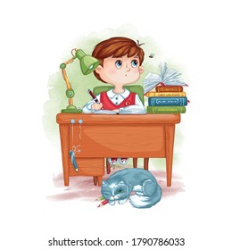 Illustration of a schoolboy boy writes and looks at a flying bee. The child is doing homework. Vector cartoon character and textured watercolor background.